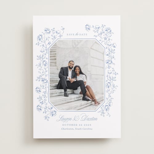 This is a sky save the date with standard by Robert and Stella called framed florals printing on recycled smooth signature in standard