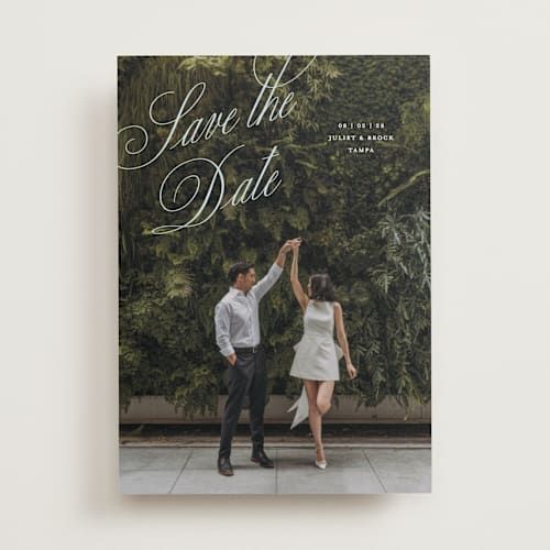 This is a skyline save the date with standard by Pixel and Hank called enamored printing on recycled smooth signature in standard