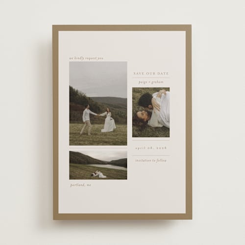 This is a linen save the date with standard by Bramble Studio called savour printing on recycled smooth signature in standard
