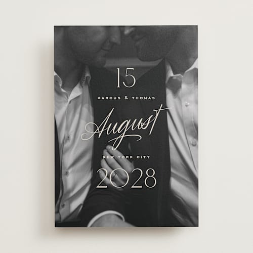 This is a ivory save the date with standard by Oscar and Emma - Karly Depew called the date is set printing on recycled smooth signature in standard