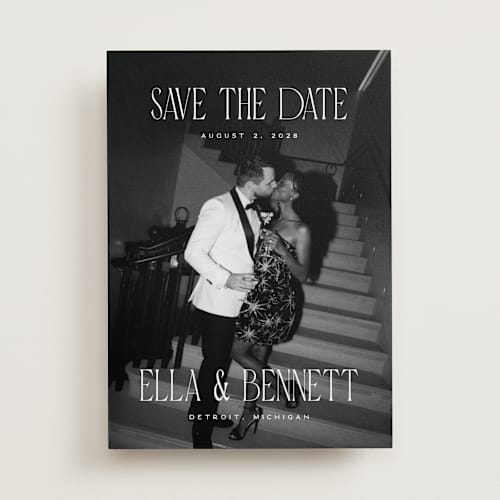 This is a snow save the date with standard by Pixel and Hank called gaze printing on recycled smooth signature in standard