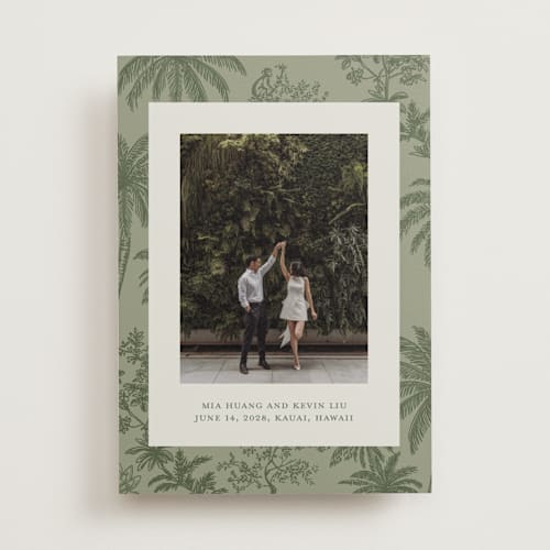This is a jungle save the date with standard by Jenna Holcomb called tropicale printing on recycled smooth signature in standard
