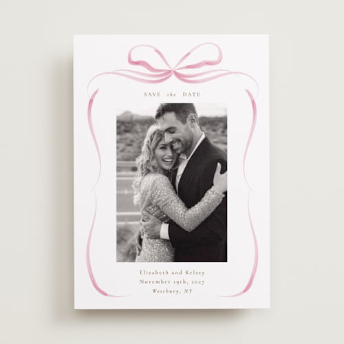 This is a peony save the date with standard by Corinne Malesic called bow printing on recycled smooth signature in standard