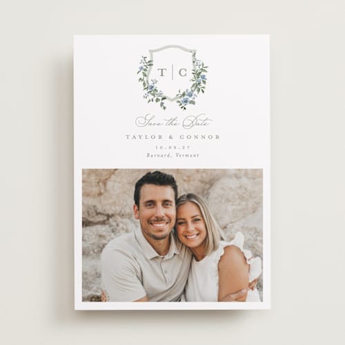 This is a sky save the date with standard by Everett Paper Goods called foliage crest printing on recycled smooth signature in standard