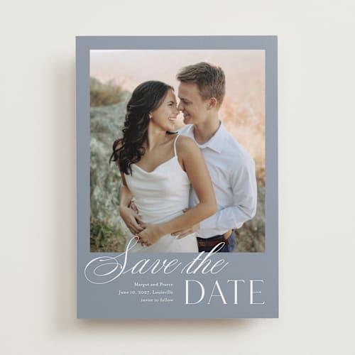 This is a french blue save the date with standard by Stacey Meacham called classic manor printing on recycled smooth signature in standard