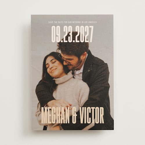 This is a honey save the date with standard by letterfix called ensemble printing on recycled smooth signature in standard