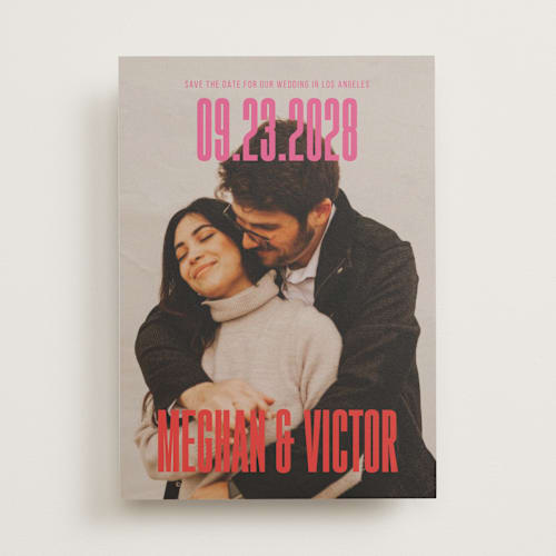 This is a rose save the date with standard by letterfix called ensemble printing on recycled smooth signature in standard