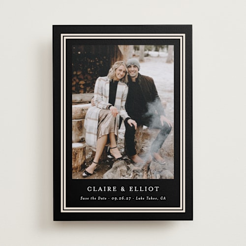 This is a tuxedo save the date with standard by Carolyn MacLaren called preppy frame printing on recycled smooth signature in standard