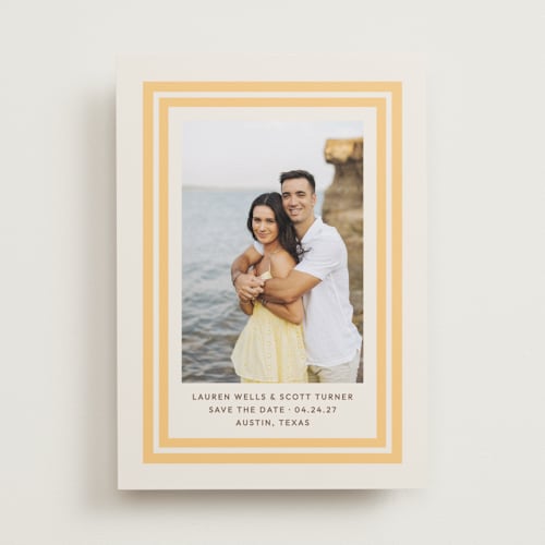 This is a sunflower save the date with standard by Megan Davis called negroni printing on recycled smooth signature in standard