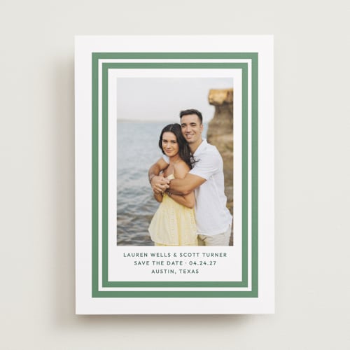 This is a basil save the date with standard by Megan Davis called negroni printing on recycled smooth signature in standard