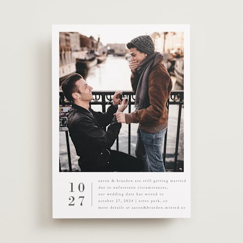This is a cotton save the date with standard by Amy Kross called stacked banner printing on recycled smooth signature in standard