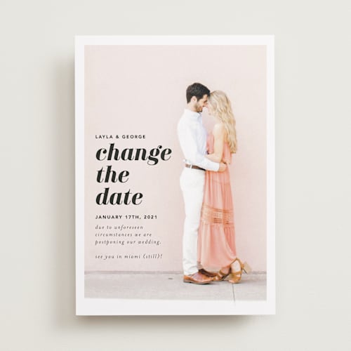 This is a blush save the date with standard by Laura Hamm called meet us in miami printing on recycled smooth signature in standard
