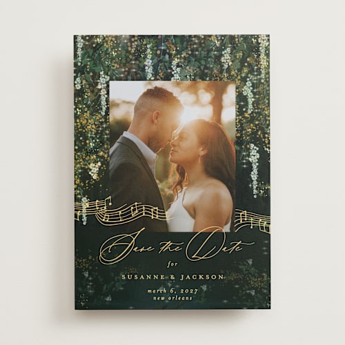 This is a mystic save the date with standard by Phrosné Barwood called new orleans printing on recycled smooth signature in standard