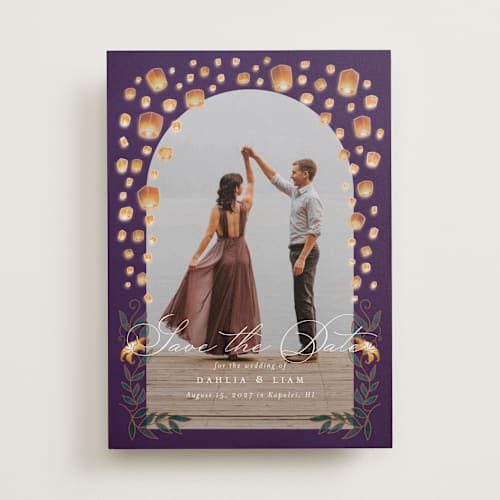 This is a twilight save the date with standard by Simona Camp called disney's tangled lanterns printing on recycled smooth signature in standard