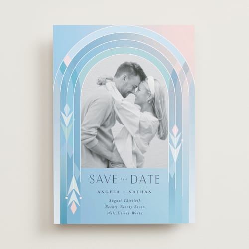 This is a aqua save the date with standard by Lori Wemple called frozen printing on recycled smooth signature in standard
