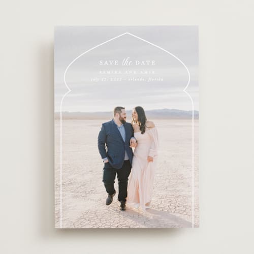 This is a moonstone save the date with standard by Creo Study called whole new world from disney's aladdin printing on recycled smooth signature in standard