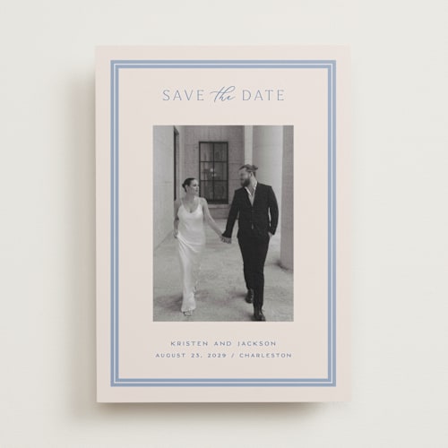 This is a periwinkle save the date with standard by Hooray Creative called twin border printing on recycled smooth signature in standard