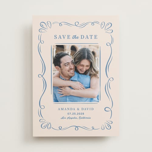 This is a dusty blue save the date with standard by Lucia Saisse called happy day printing on recycled smooth signature in standard