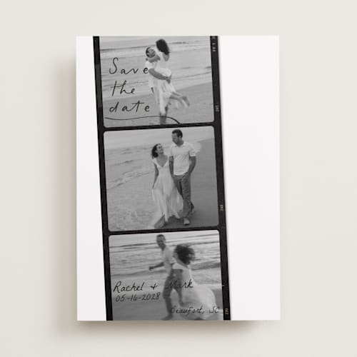 This is a onyx save the date with standard by Sarah Mraz called filmstrip printing on recycled smooth signature in standard