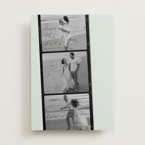 This is a mint save the date with standard by Sarah Mraz called filmstrip printing on recycled smooth signature in standard