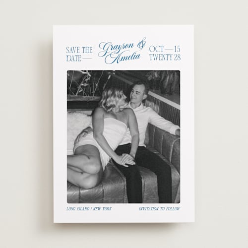 This is a lake save the date with standard by Robert and Stella called opening credits printing on recycled smooth signature in standard