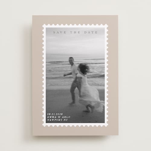 This is a taupe save the date with standard by Claire called stamp printing on recycled smooth signature in standard