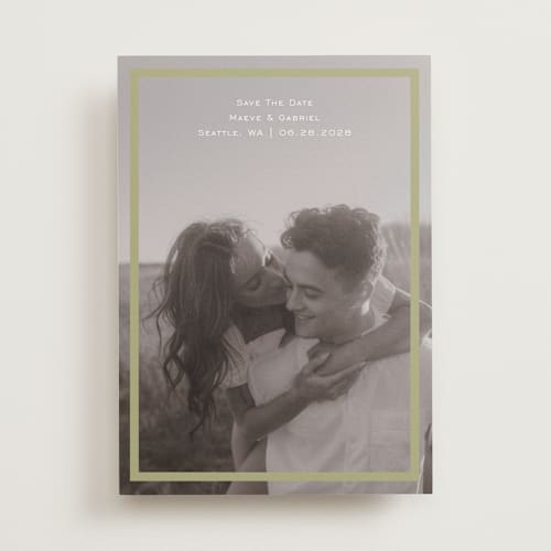 This is a olive save the date with standard by Jenny Millington called boxed in printing on recycled smooth signature in standard