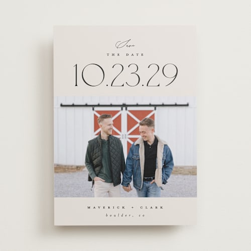 This is a ivory save the date with standard by Carolyn Nicks called romancing the date printing on recycled smooth signature in standard