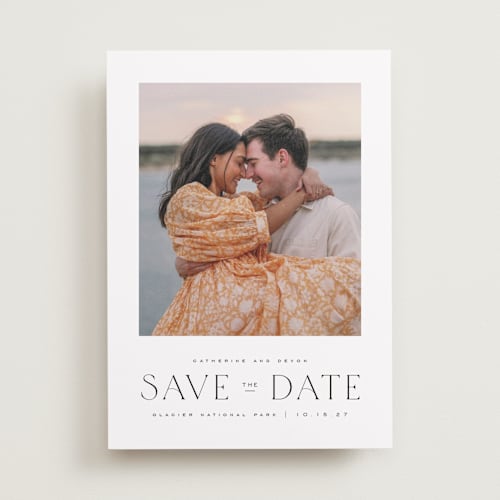 This is a ink save the date with standard by Wildfield Paper Co called glacier printing on recycled smooth signature in standard