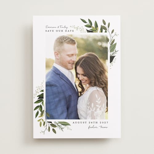 This is a fern save the date with standard by Susan Moyal called vines of green printing on recycled smooth signature in standard