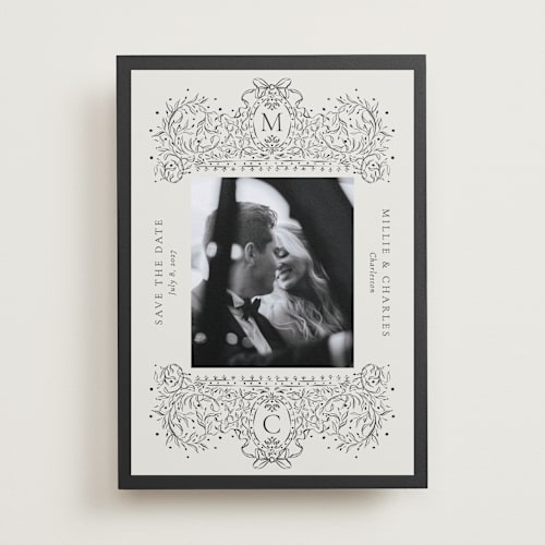 This is a latte save the date with standard by Jackie Crawford called ornate sketched frame printing on recycled smooth signature in standard