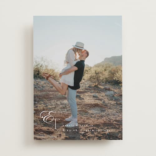 This is a quartz save the date with standard by Kristie Kern called whispered printing on recycled smooth signature in standard