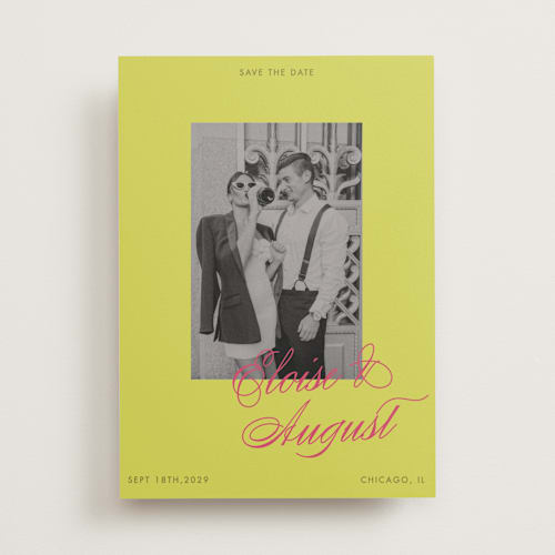 This is a flamingo save the date with standard by Morgan Kendall called maximalist poppies printing on recycled smooth signature in standard