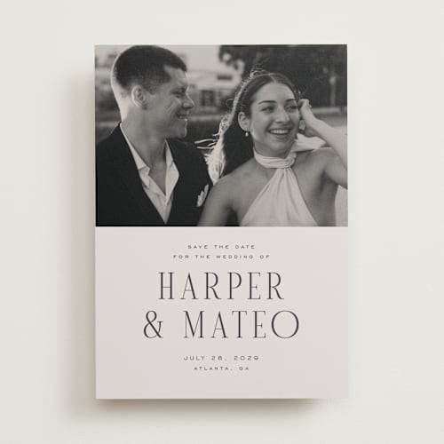 This is a sandstone save the date with standard by Nicole Walsh called close-up printing on recycled smooth signature in standard