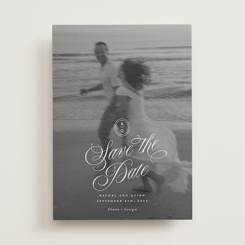 This is a ivory save the date with standard by Paper Raven Co. called vintage romance printing on recycled smooth signature in standard