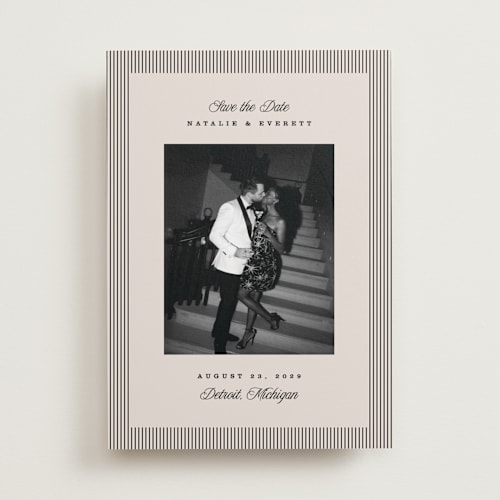 This is a noir save the date with standard by Pixel and Hank called linea printing on recycled smooth signature in standard