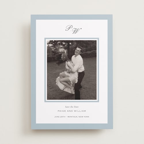 This is a sky save the date with standard by Sara Hicks Malone called briland printing on recycled smooth signature in standard