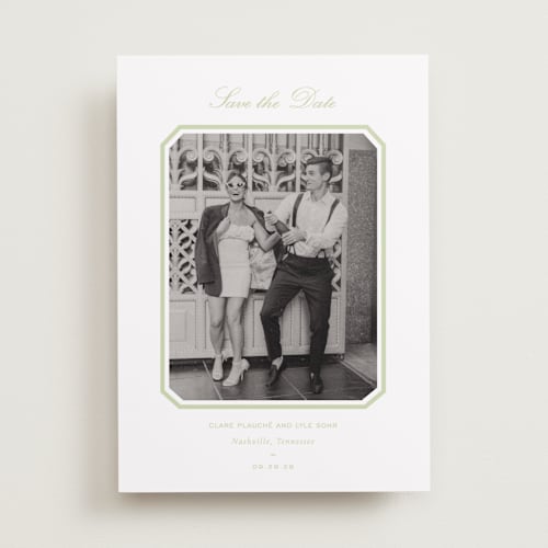 This is a mint save the date with standard by Sara Hicks Malone called montgomery printing on recycled smooth signature in standard