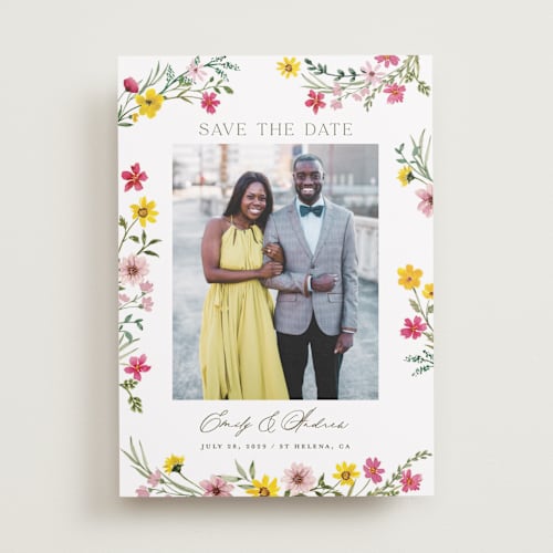 This is a peony save the date with standard by Yaling Hou Suzuki called wildflower wreath printing on recycled smooth signature in standard