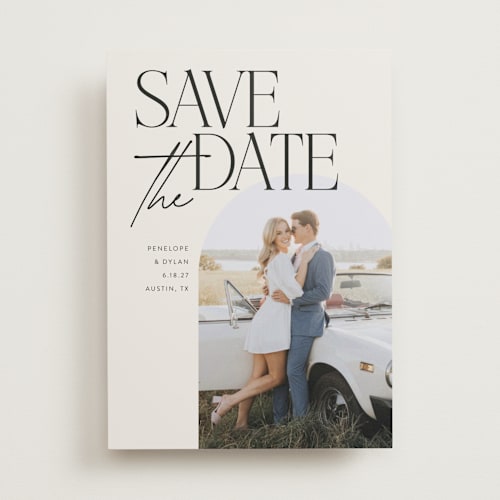 This is a ecru save the date with standard by Morgan Kendall called penelope printing on recycled smooth signature in standard