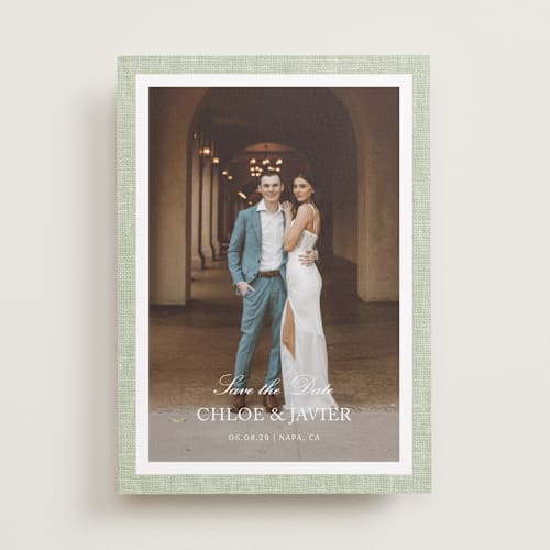 This is a garden save the date with standard by Kelly Schmidt called summer linen printing on recycled smooth signature in standard