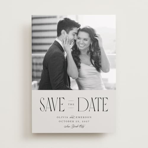 This is a dove save the date with standard by Robert and Stella called pierre printing on recycled smooth signature in standard