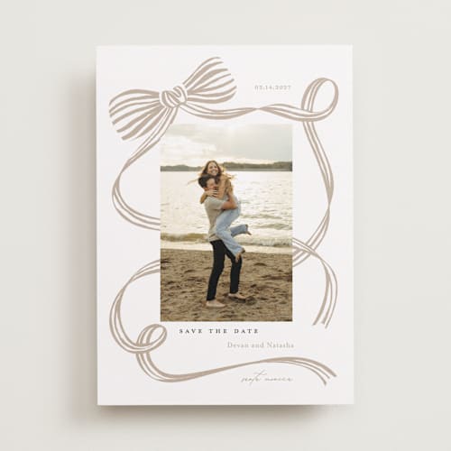 This is a tan save the date with standard by Carrie ONeal called neddy printing on recycled smooth signature in standard