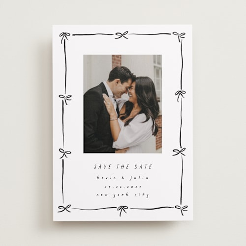 This is a coal save the date with standard by Susan Zinader called preppy bow border printing on recycled smooth signature in standard