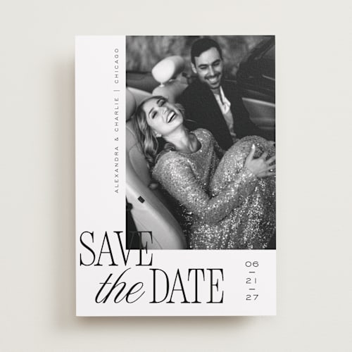 This is a pearl save the date with standard by Melanie Kosuge called right side printing on recycled smooth signature in standard