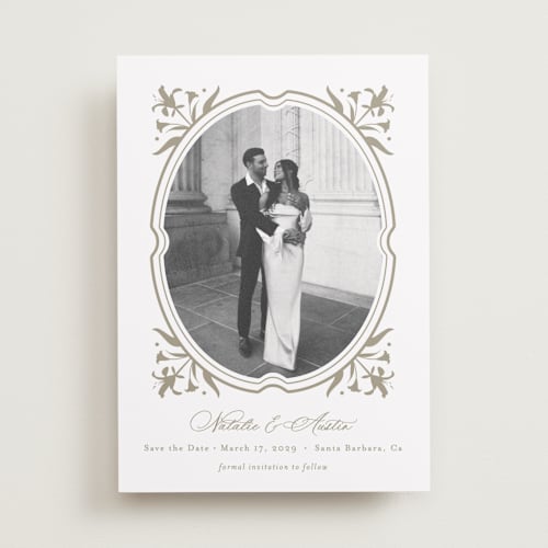 This is a paris rain save the date with standard by Jennifer Postorino called calia printing on recycled smooth signature in standard