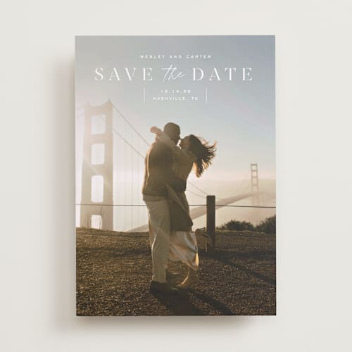 This is a cloud save the date with standard by Sara Hicks Malone called modern stencil printing on recycled smooth signature in standard