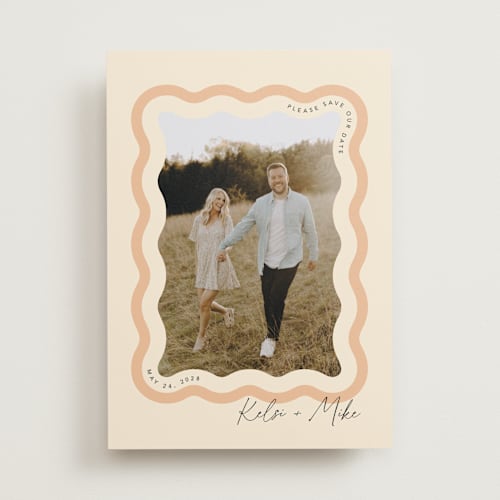 This is a seashell save the date with standard by Robert and Stella called wavy printing on recycled smooth signature in standard