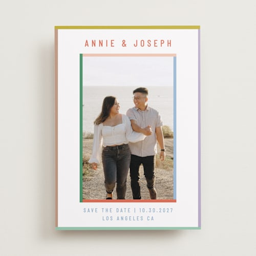 This is a candy save the date with standard by Kelly Watkins called color frame printing on recycled smooth signature in standard