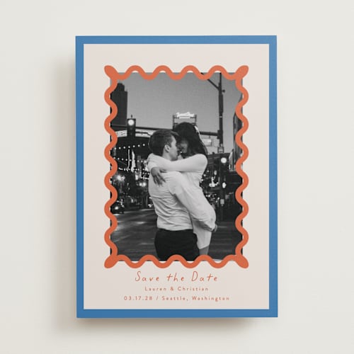 This is a papaya save the date with standard by Blustery August called party squiggle printing on recycled smooth signature in standard